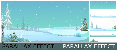 Wide rural night landscape in winter. Fields in the snow and drifts. Image from layers for overlay with parallax effect. Strong frost. Starry sky. Rustic garden and hills. Pine trees. Vector.