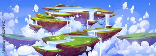 Game background with fantasy summer landscape with cascade waterfall on floating islands and clouds in blue sky. Vector cartoon illustration with flying ground pieces with river and green grass