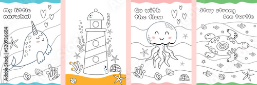 Easy coloring page set. Cute sea animals coloring page for kids, children. Kids game, child activity. Sea coloring book. Ocean page be colored. Whale turtle jellyfish lighthouse. Vector illustration.