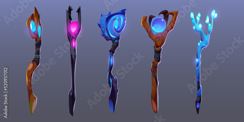 Set of magic staff, wands or walk sticks with glow gems and crystals, Magician weapon rods for sorcerers spell or battle, mystical assets for fantasy game mages and wizards Cartoon vector illustration