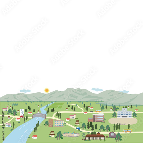 山と川と町のある風景の背景イラスト