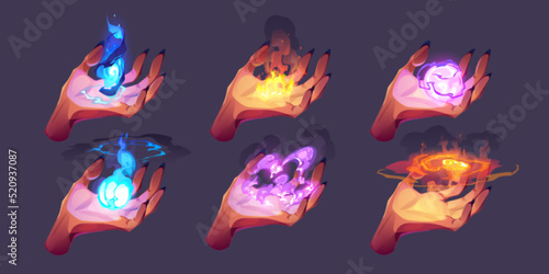 Witch hands with black magic power cartoon set. Vector illustration of creepy female fingers holding illuminated flame, ice, hurricane, curse symbols isolated on background. Evil woman casting spell