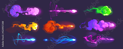Blaster shot effects with fire, energy and plasma beams isolated on background. Vector cartoon set of alien weapons attack effect with plasma rays, lightning, fireball and flash