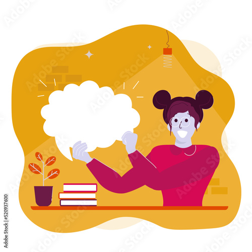 Chatting business women set. Modern yong women communicate with their colleagues. Beautiful female characters with speach bubbles. Vector set