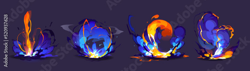 Magic explosion, bomb boom game effect. Blue and orange fire blast with rising smoke, wizard weapon shot with clouds, smog and haze trace. Lightning strike, elemental magician spell Cartoon vector set