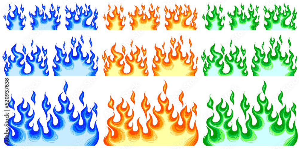 Set of blue, orange and green flames vector illustration element