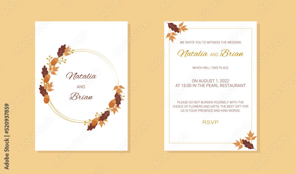 wedding invitation with frame oak leaves twigs acorn
