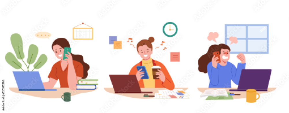 Set of women on phones at work Set of women on phones at work