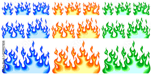 Set of blue, orange and green flames vector illustration element, background, frame, effects, layout. Vector eps 10. Cartoon of flames.
