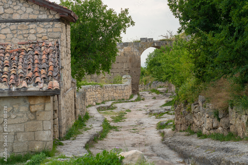 Ancient road bakhchisaray chufut city cave crimea medieval street monument, concept history building for historic for russia kale, wall bakhchisarai. View scene crimean,