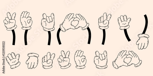 Set comic hands in gloves, gestures - heart, ok, hello, two fingers. Vector illustration. Linear hand drawn doodle. Outline element for design and decor, print.