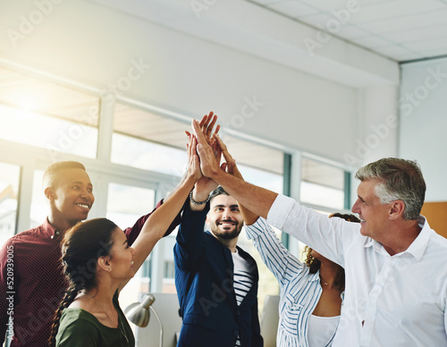 Photography High five, celebrating and winning business team or cheerful successful company with diverse people