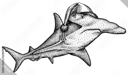 Vintage engrave isolated christmas saw fish set illustration santa costume killer whale ink sketch. Wild new year hat hammer shark background line dolphin vector art