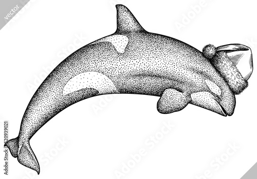 Vintage engrave isolated christmas saw fish set illustration santa costume killer whale ink sketch. Wild new year hat hammer shark background line dolphin vector art