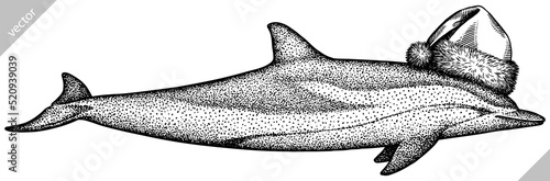 Vintage engrave isolated christmas saw fish set illustration santa costume killer whale ink sketch. Wild new year hat hammer shark background line dolphin vector art