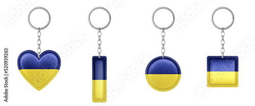 Keychains with Ukrainian flag colors. Metal round, square, heart and rectangular keyring holders. Blue yellow colored isolated accessories, Ukraine souvenir pendants mock up, Realistic 3d vector set