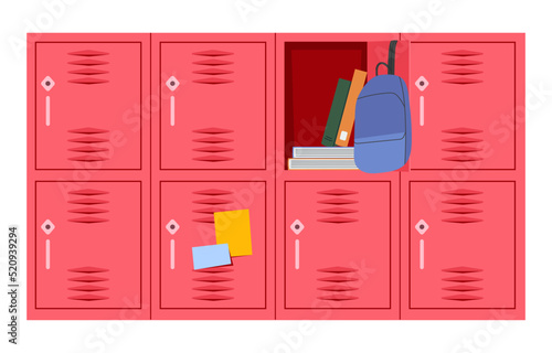 Open school locker with a stack of books inside and school backpack on the door. Personal boxes for storing school supplies. Interior element design of a school corridor. Flat vector illustration