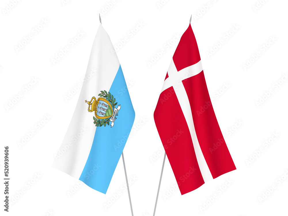 National fabric flags of San Marino and Denmark isolated on white background. 3d rendering illustration. National fabric flags of San Marino and Denmark isolated on white background. 3d rendering illustration.