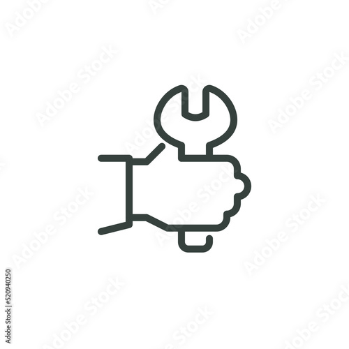 Thin Outline Icon Human Hand Holding a Wrench, Spanner in Arm. Such Line Sign as Car Mechanic Services, Plumbing Work. Vector Computer Isolated Pictograms for Web on White Background Editable Stroke.