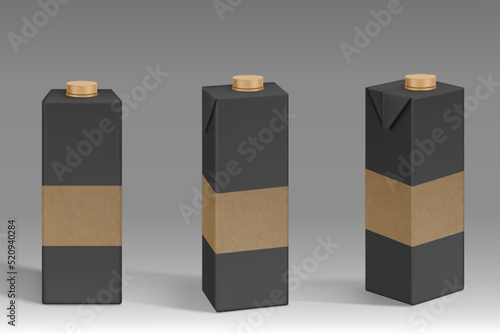 Milk or juice package mockup, black and gold carton box. Blank paper bottle with screw lid front and angle view. Container for liquid production, food, beverage, isolated Realistic 3d vector mock up