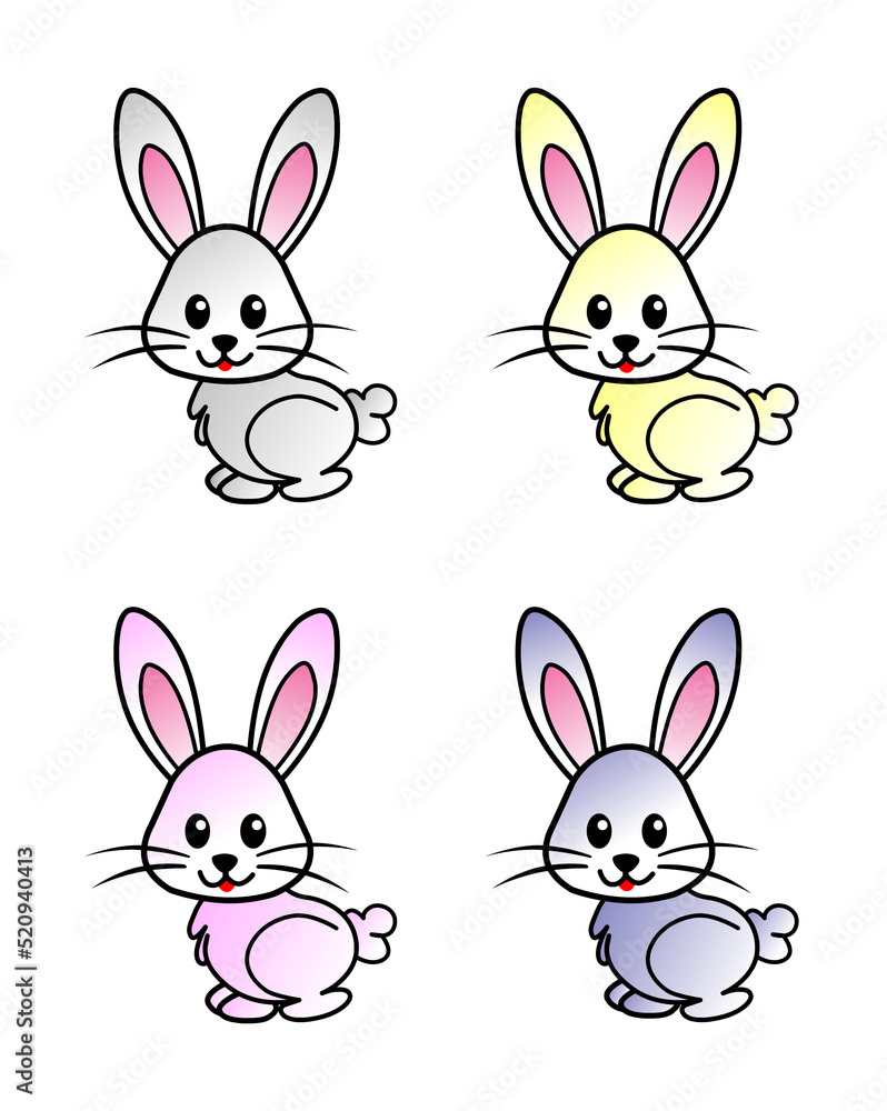 A flat illustration of a set of 4 rabbits in different colours, isolated on a white background A flat illustration of a set of 4 rabbits in different colours, isolated on a white background