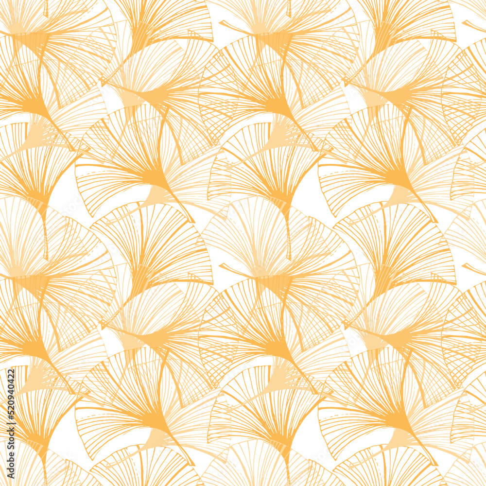 A seamless hand-drawn ginkgo leaf pattern in sketch style. Orange leaves at different angles on a white background. Leaf shape in the form of a duck's foot. Mystic lace background.