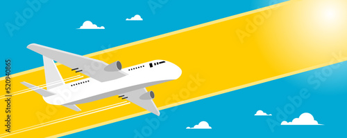White airplane travel flying in blue sky with clouds and sunlight on yellow stripe line background copy space banner vector design.