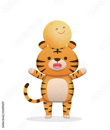 Fototapeta Naklejka Na Ścianę i Meble -  Cute tiger and moon character mascot celebrating mid-autumn festival