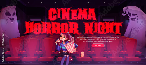Cinema horror night cartoon banner. Young mesmerized girl with pop corn bucket sitting in movie theater front of screen watching film with creepy ghosts flying around in darkness, Vector illustration