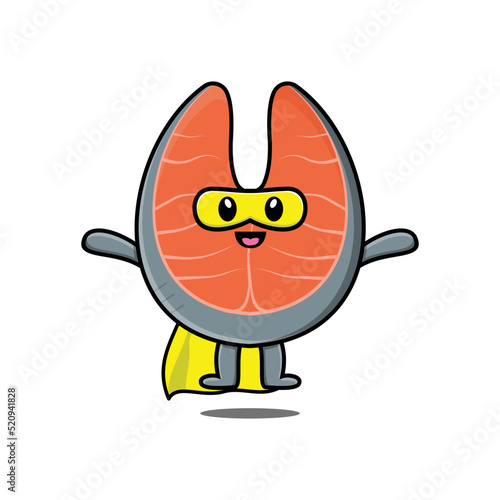 Cute fresh salmon superhero character flaying illustration cartoon vector in flat modern style