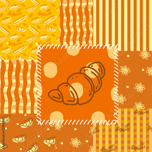 Patchwork Seamless Pattern. Baking, croissants, plaid, crochet and polka dots. Bon Appetit. Ornaments in bright colors. Flat style vector illustration.
