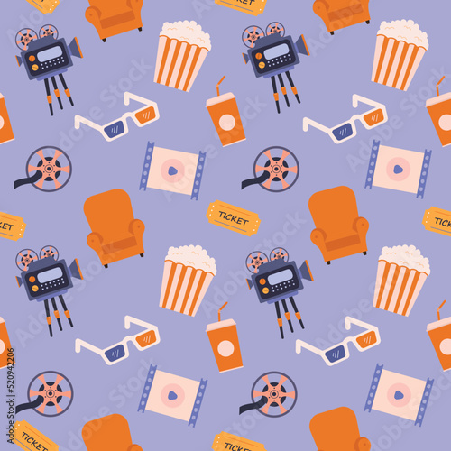 Cinema seamless vector pattern.Online movie theater background.Colored vector illustration cartoon flat style.