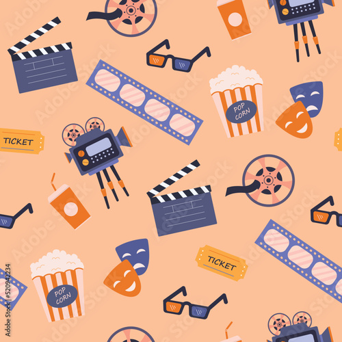 Cinema seamless vector pattern.Online movie theater background.Colored vector illustration cartoon flat style.
