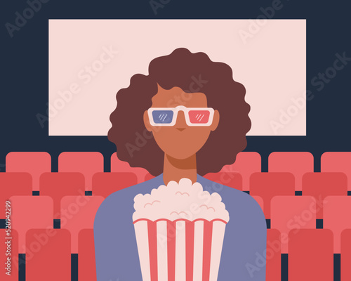 Young  black woman at movie theater with pop corn bucket in hands and 3d glasses on the background of the screen. Cinema concept. Front view. Colorful vector illustration in flat cartoon