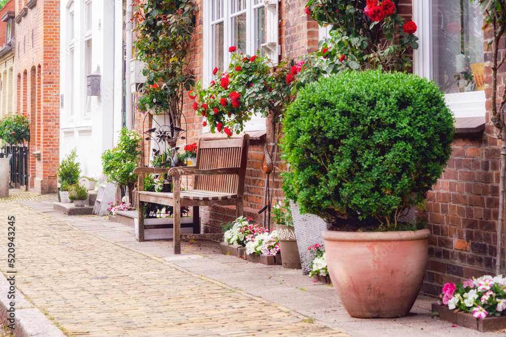 Traditional street with flowers and bench in Friedrichstadt, Germany
