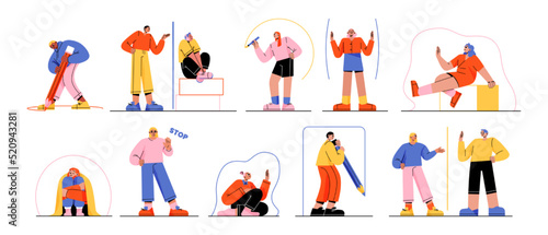 People create personal space, privacy and boundary to limit access and protect from outer world. Introvert characters drawing circles and lines to stay in safe zone, Line art flat vector illustration