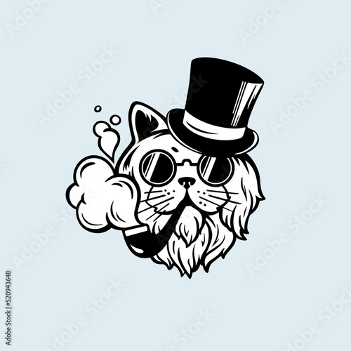Black and white logo. Muzzle of a cat with glasses and a hat. Gentleman's cat smokes a pipe. Hipster with a beard in round glasses. Logo for business, cafe, restaurant, hookah in loft style