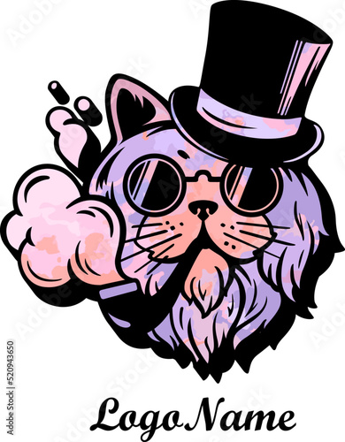 Black and white logo. Muzzle of a cat with glasses and a hat. Gentleman's cat smokes a pipe. Hipster with a beard in round glasses. Logo for business, cafe, restaurant, hookah in loft style