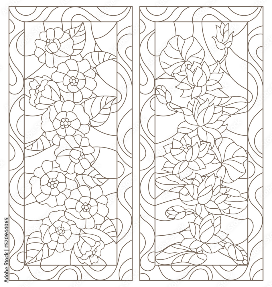 A set of contour illustrations in the style of stained glass with flowers of cinias and lotuses, dark contours on a white background
