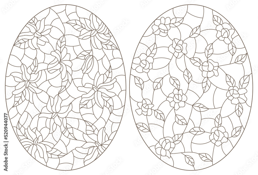 Set of contour illustrations of stained glass Windows with abstract intertwined flowers, dark outlines on a white background Set of contour illustrations of stained glass Windows with abstract intertwined flowers, dark outlines on a white background