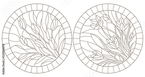 A set of contour illustrations of stained glass Windows with Crocuses in frames, dark contours on a white background, round images