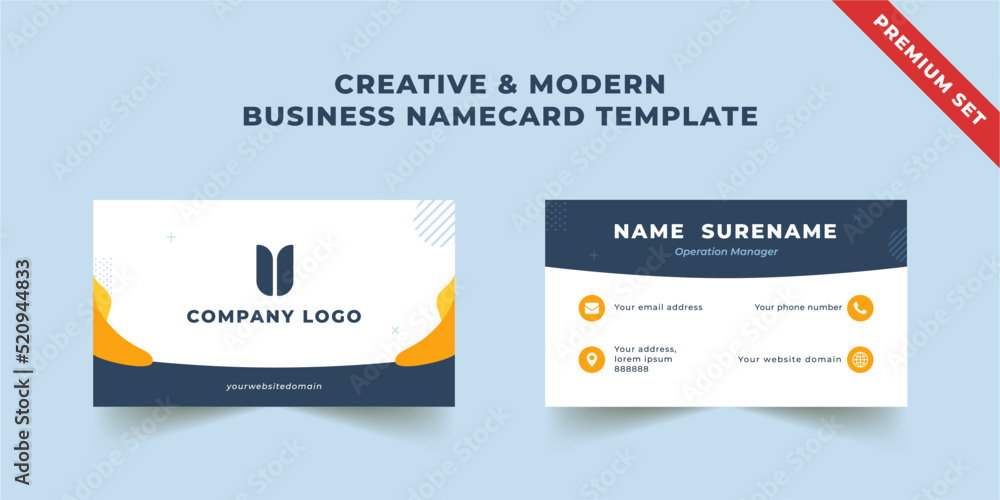 Business name card print template. Professional business card in flat and clean design with navy