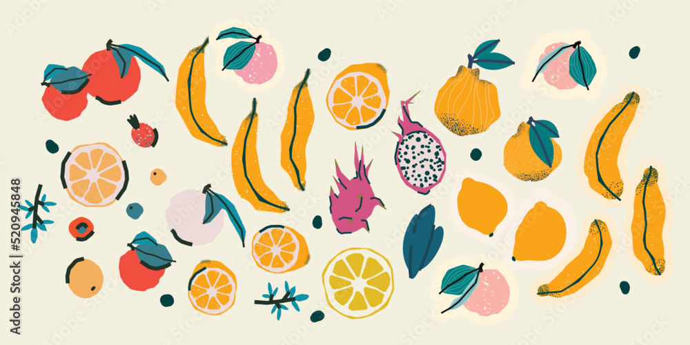 Fruit set. Vector illustration with apples, peaches, bananas, oranges, lemons, hallabones, passionfruit and berries Fruit set. Vector illustration with apples, peaches, bananas, oranges, lemons, hallabones, passionfruit and berries