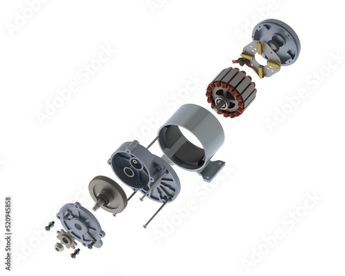 Direct current motor assembly parts 3D rendering isolated on white background