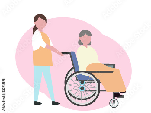 高齢者を介護する女性 車いす 老人ホーム ベクターイラスト
