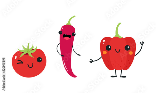 Funny Bell Pepper and Tomato Vegetable Character with Smiling Face Vector Set