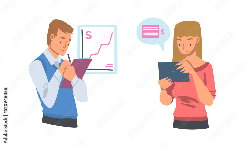 Man and Woman Analyzing Financial Profit Growth and Evaluating Revenue and Expense Vector Set Man and Woman Analyzing Financial Profit Growth and Evaluating Revenue and Expense Vector Set