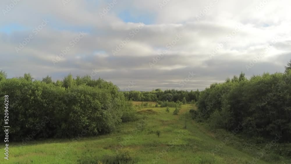 Aerial view rising above lush green forest woodland open space park trees panning right Aerial view rising above lush green forest woodland open space park trees panning right