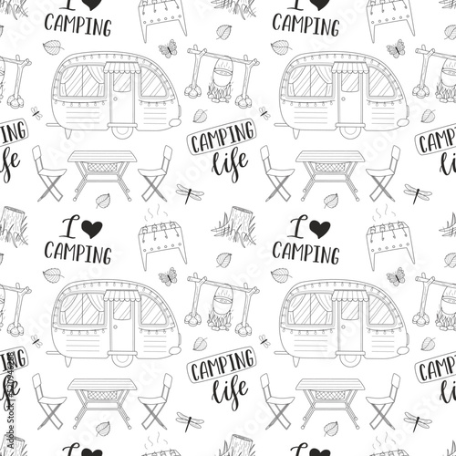 Camping seamless pattern. Travel background with hand drawn outline hiking elements and lettering. Doodle backdrop for website, banner, cover, textile, packaging design. Vector illustration on white