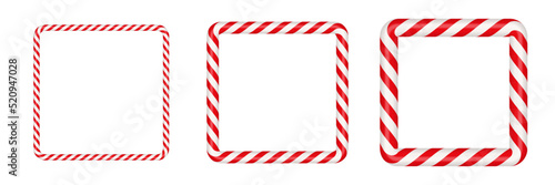 Christmas candy cane square frame with red and white striped. Xmas border with striped candy lollipop pattern. Blank christmas and new year template. Vector illustration isolated on white background.